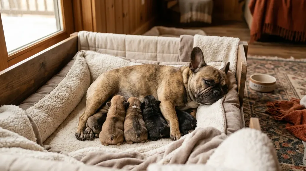 A mother French Bulldog resting with her newborn nursing puppies in a warm whelping area