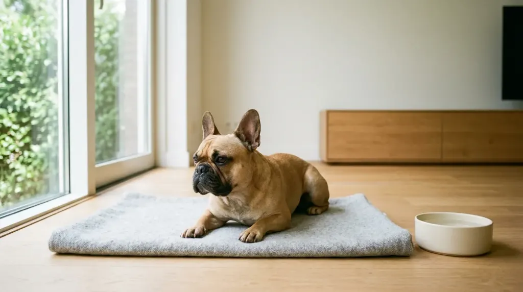 Adult French Bulldog resting comfortably indoors in a climate controlled environment