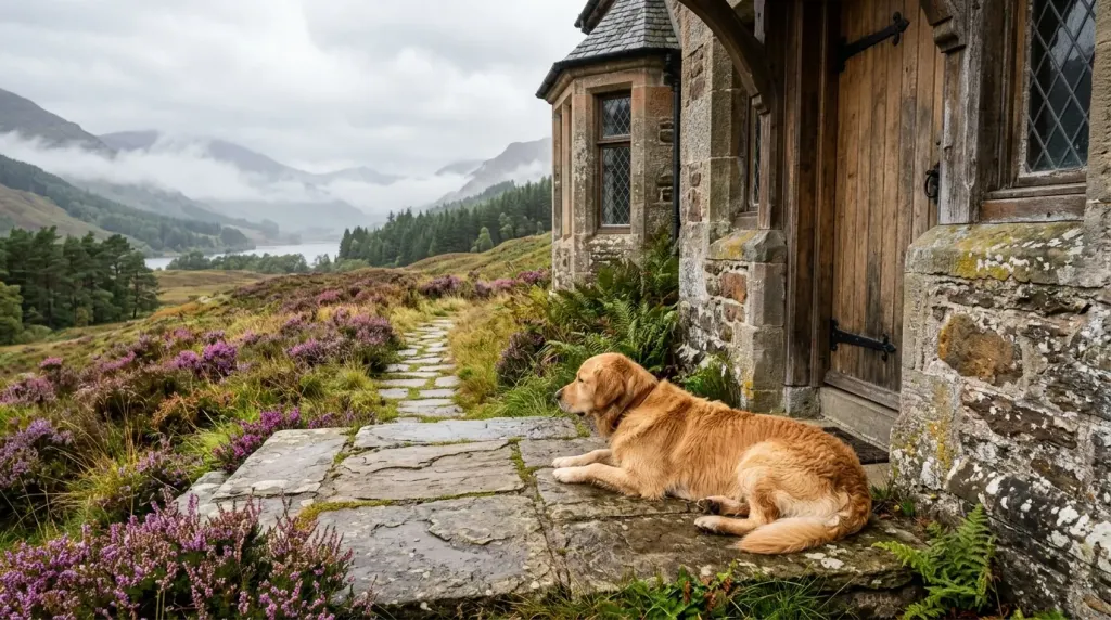 Golden retriever resting on the stone porch of a Scottish Highlands estate