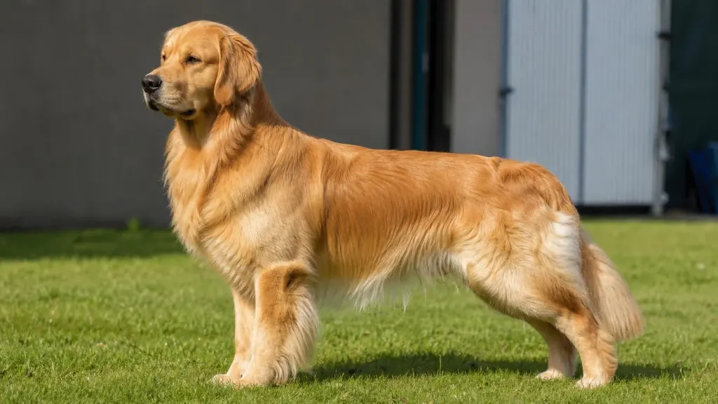 Purebred golden retriever dog in full side profile showing coat texture and physical build