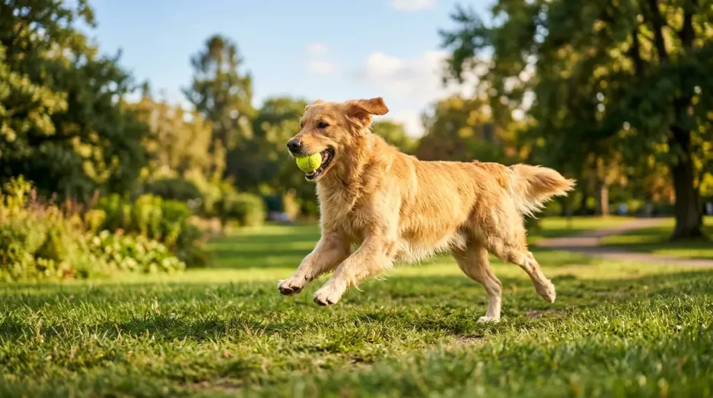 Active golden retriever dog fetching a ball outdoors in a green sunny park