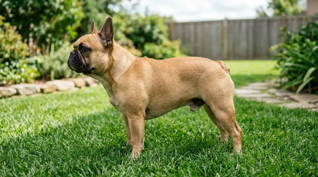 Adult male and female French Bulldogs standing side by side displaying differences in muscular shoulder build and compact bone structure