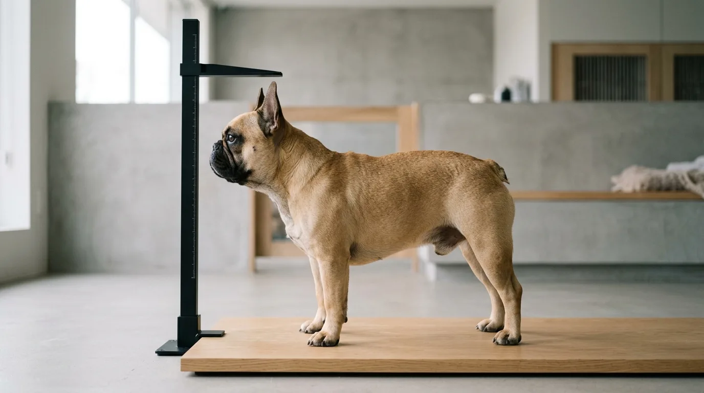 Side profile of a French Bulldog measured at the shoulder with a height ruler chart.
