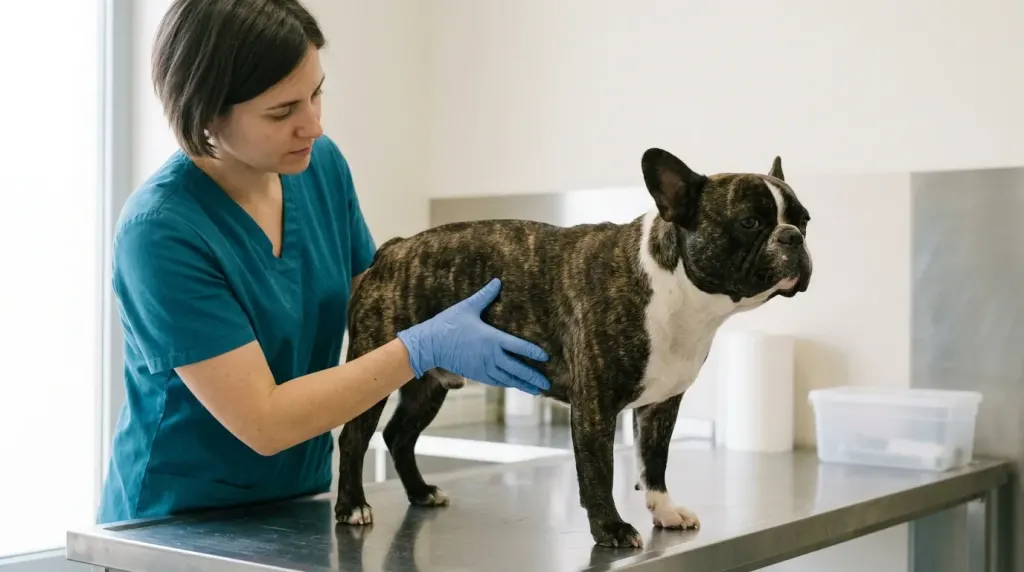 Veterinarian assessing the body condition score along the ribs and waist of a French Bulldog in a clinic