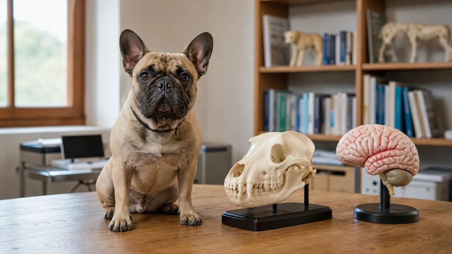French Bulldog sitting next to an anatomical canine brain model on a desk.