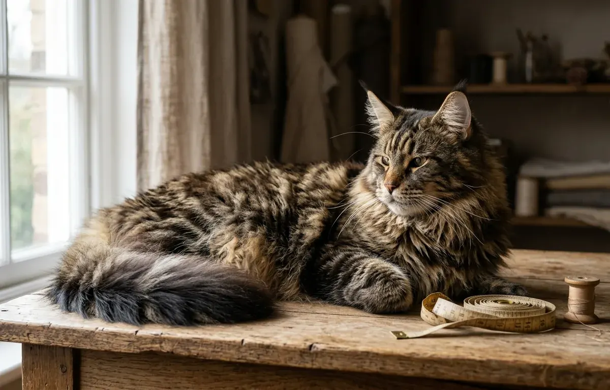 Adult male Maine Coon cat showcasing large rectangular body and long bushy tail next to a measuring tape.
