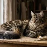 Adult male Maine Coon cat showcasing large rectangular body and long bushy tail next to a measuring tape.