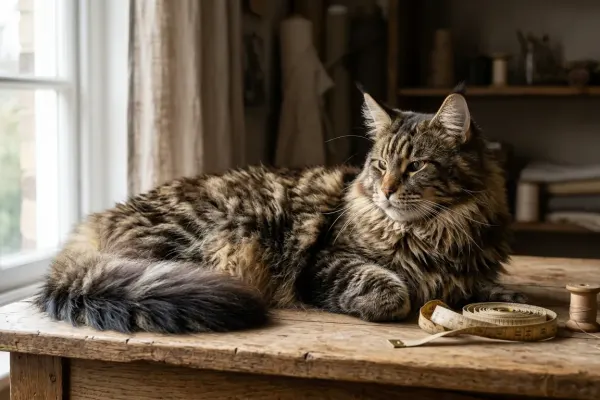 Adult male Maine Coon cat showcasing large rectangular body and long bushy tail next to a measuring tape.