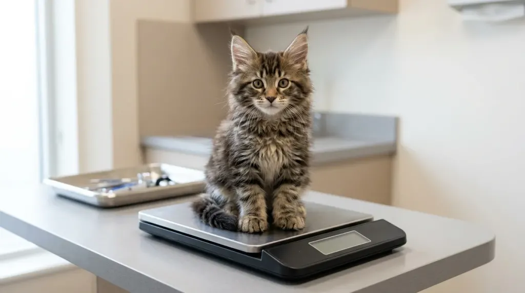 Fluffy 8-week-old Maine Coon kitten on a digital scale demonstrating early bone size and paw growth.
