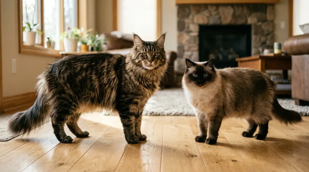 Maine Coon cat standing beside a Ragdoll cat comparing adult body length and shoulder height.