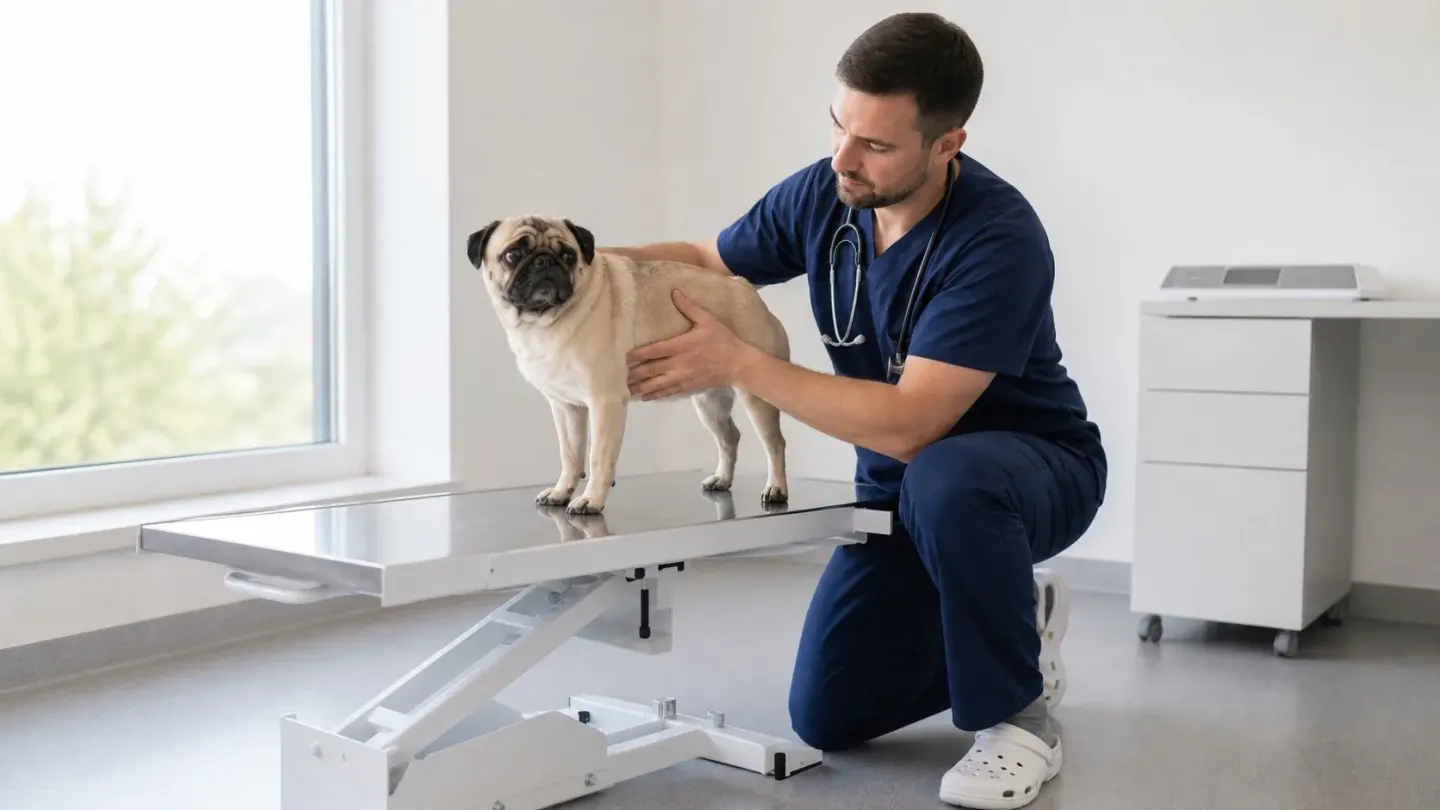 Veterinarian checking an underweight Pug dog's body condition score for safe weight management.