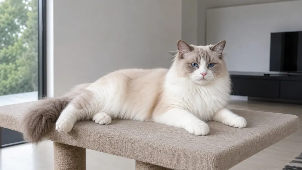 Fully mature 4-year-old female Ragdoll cat big size and full growth on an extra-large cat tree platform