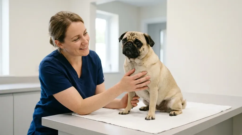 Veterinarian performing a cranial nerve neurological examination on a Pug dog