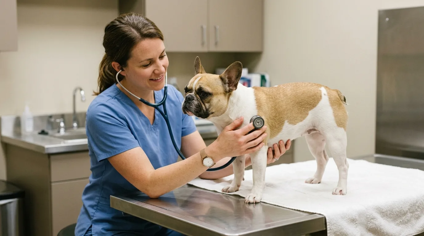 Veterinarian performing an examination on a pregnant French Bulldog