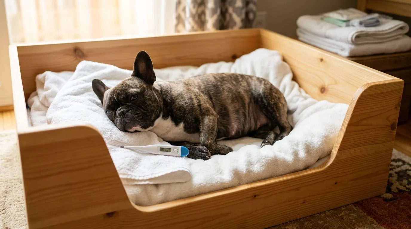 Prepared whelping box with thermometer for a French Bulldog in labor