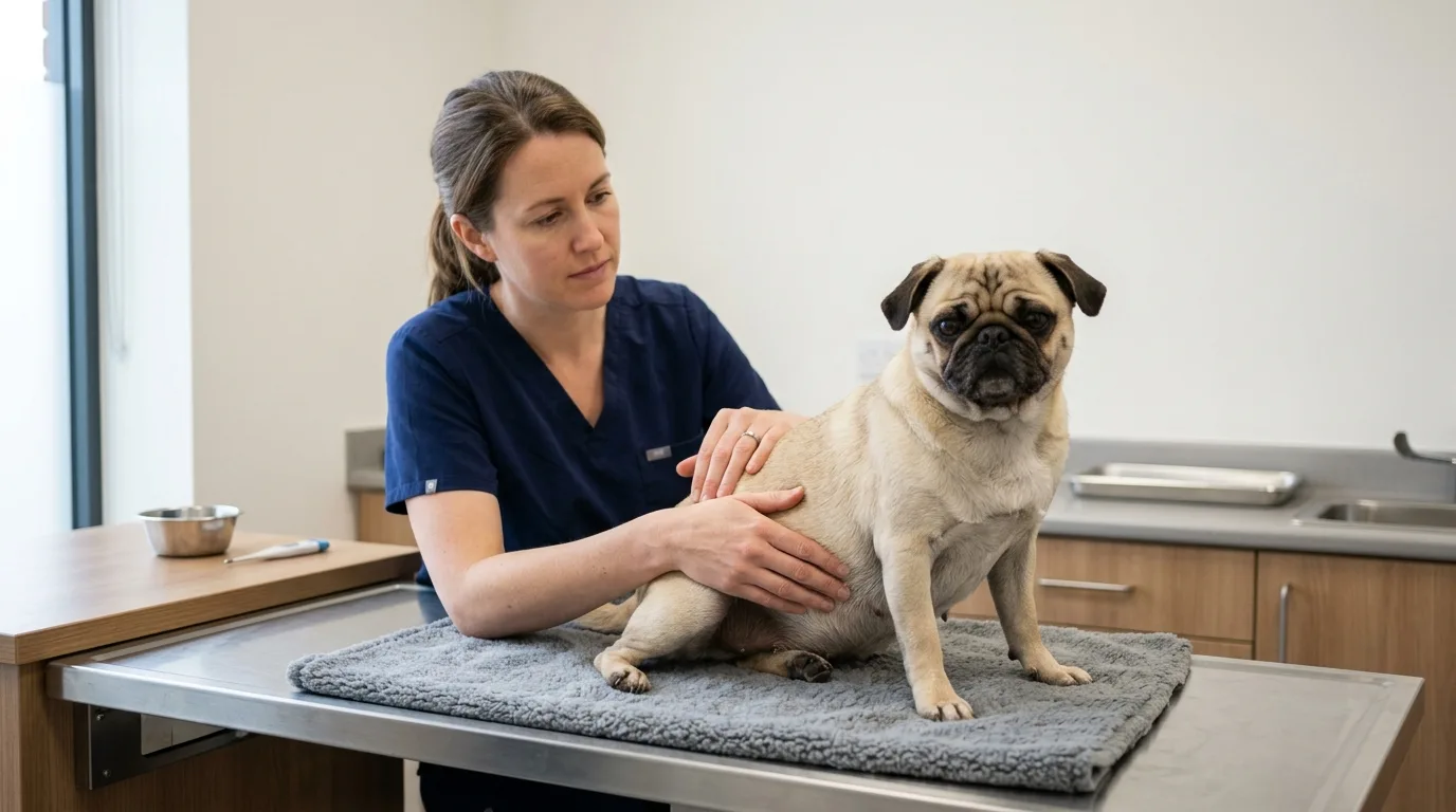 A veterinarian conducting an ultrasound examination on a pregnant Pug around day 28 of gestation.