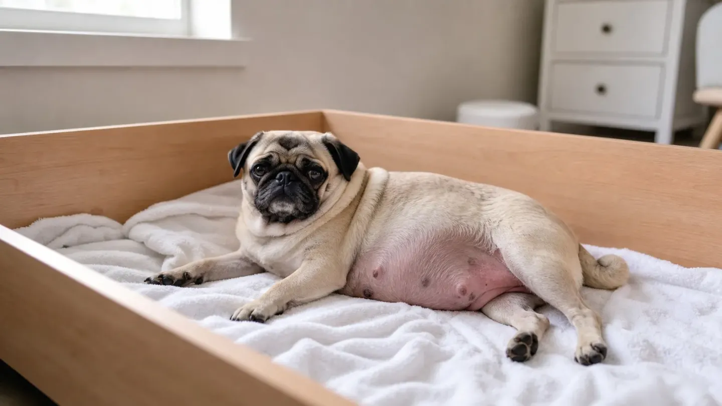 A pregnant Pug preparing her cozy whelping box in the final week of pregnancy.
