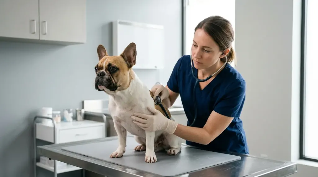 A veterinarian examining a French Bulldog to monitor airway health and body condition.