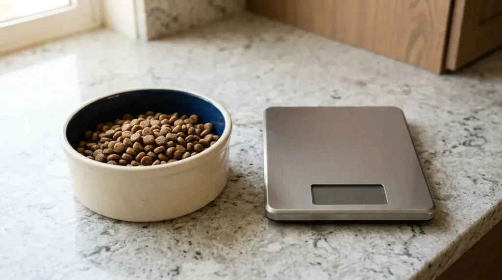 Accurately measuring food portions helps maintain a French Bulldog's ideal body condition as they age.