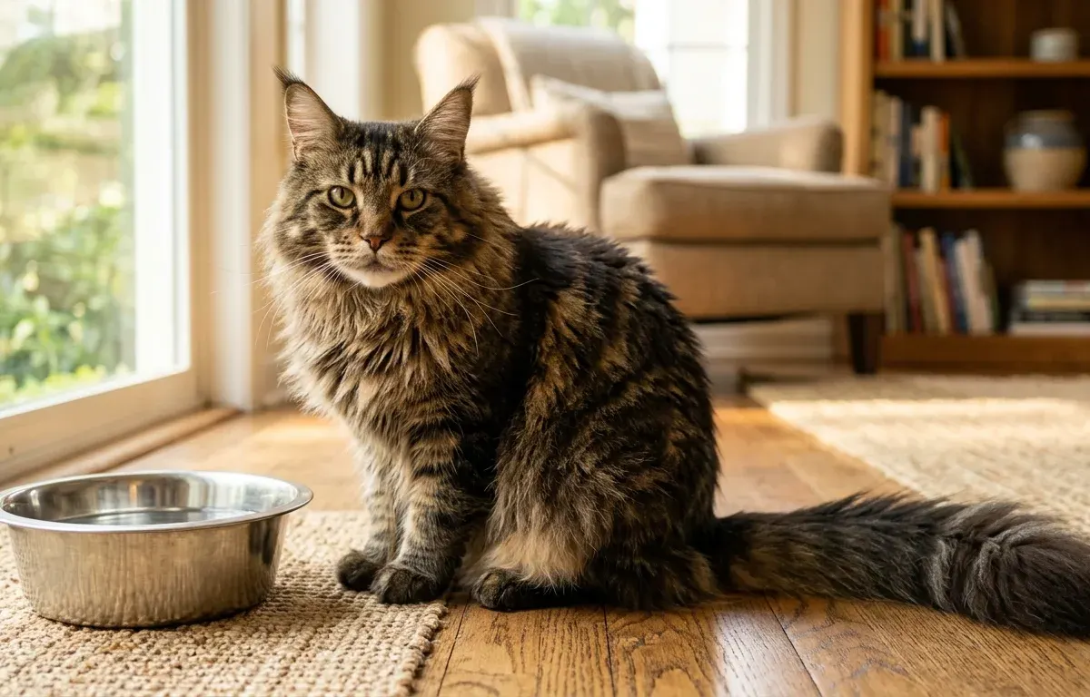 A mature Maine Coon cat resting calmly in a sunlit living room, illustrating how long Maine Coon cats live with healthy indoor care and longevity.