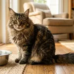 A mature Maine Coon cat resting calmly in a sunlit living room, illustrating how long Maine Coon cats live with healthy indoor care and longevity.