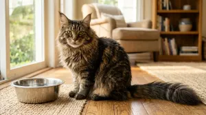 A mature Maine Coon cat resting calmly in a sunlit living room, illustrating how long Maine Coon cats live with healthy indoor care and longevity.