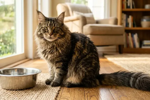 A mature Maine Coon cat resting calmly in a sunlit living room, illustrating how long Maine Coon cats live with healthy indoor care and longevity.