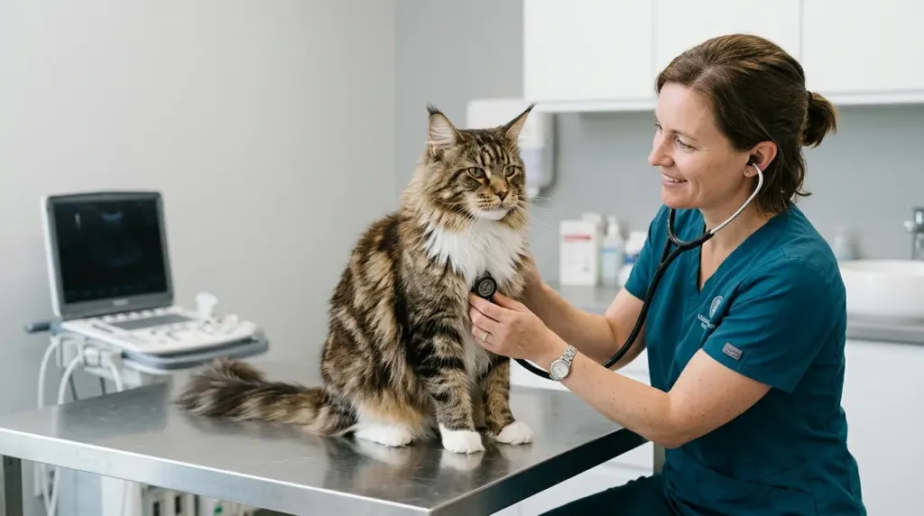 A veterinarian performing a preventative health exam on a Maine Coon cat to screen for heart conditions and help it live a longer life.