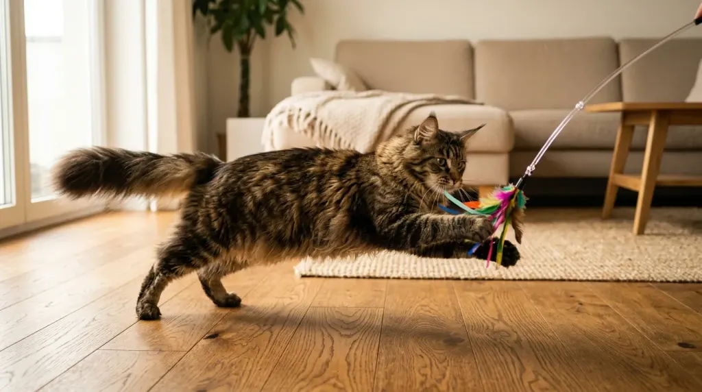 An older Maine Coon cat playing actively indoors to maintain healthy joints, mobility, and vitality to live a long life.