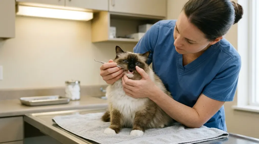 A veterinarian examining a Ragdoll cat's teeth to check for periodontal disease.