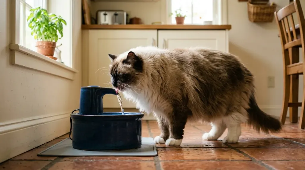 A senior Ragdoll cat drinking from a water fountain to maintain kidney health and hydration.