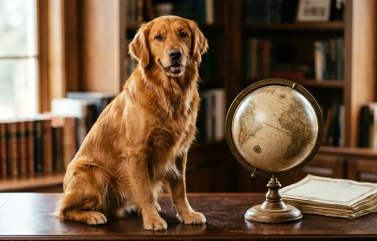 A purebred Golden Retriever sitting beside a globe representing global canine population statistics.