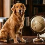 A purebred Golden Retriever sitting beside a globe representing global canine population statistics.