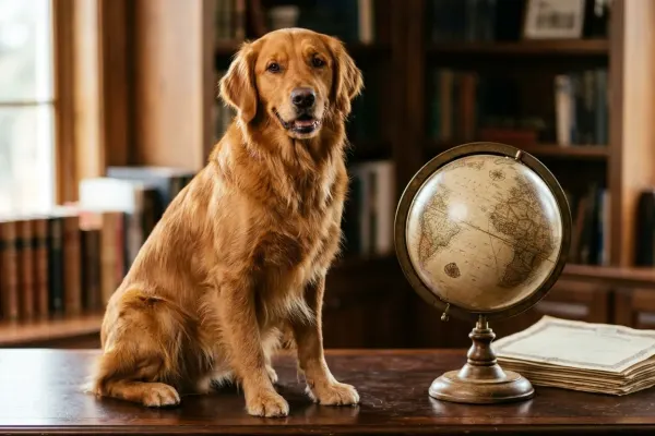A purebred Golden Retriever sitting beside a globe representing global canine population statistics.