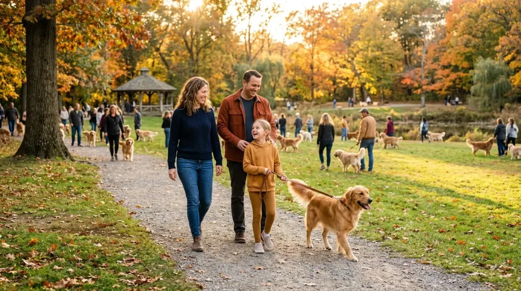 A family walking with their Golden Retriever during an outdoor breed gathering.