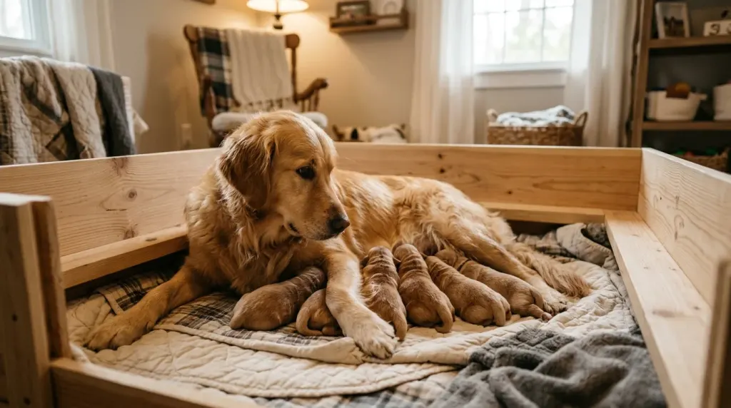 A mother Golden Retriever resting with her newborn puppies in a registered breeding facility.