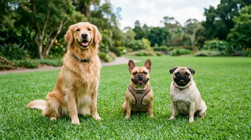 A Golden Retriever sitting alongside a French Bulldog and a Pug in a comparative breed setting.