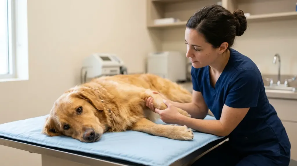 A Golden Retriever undergoing a routine health and joint examination in a veterinary setting.