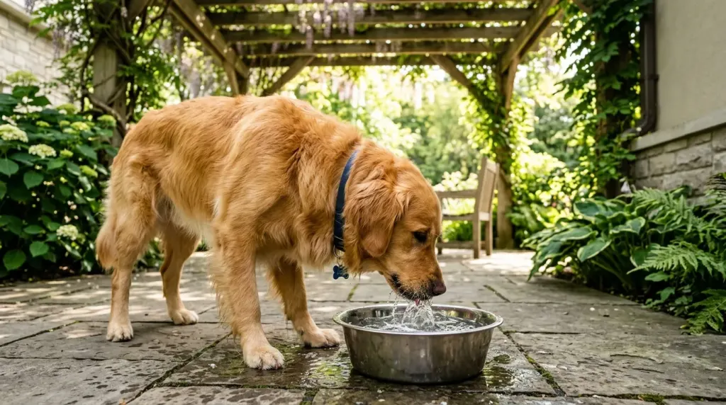 A Golden Retriever staying hydrated and resting in the shade during warm weather.