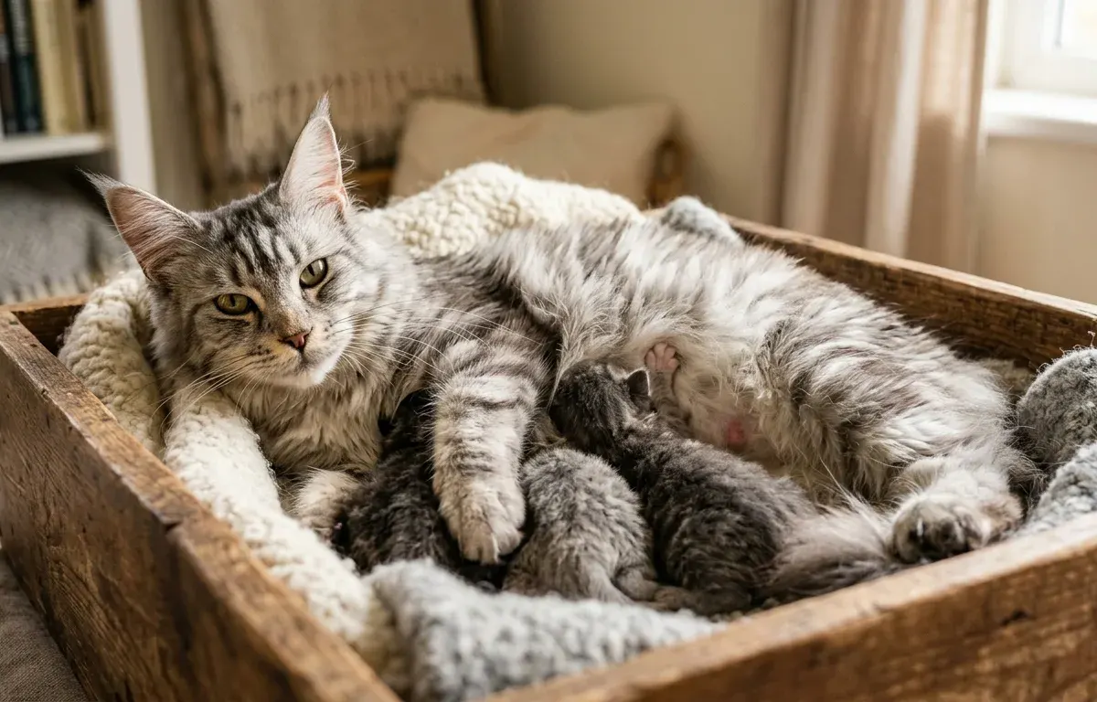 Maine Coon mother cat with a healthy litter of newborn kittens resting in a nesting box