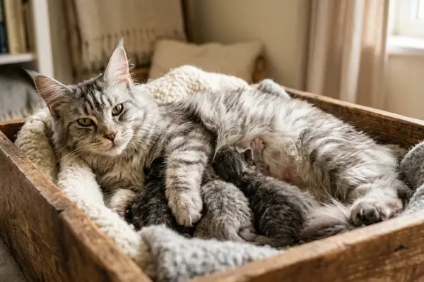 Maine Coon mother cat with a healthy litter of newborn kittens resting in a nesting box