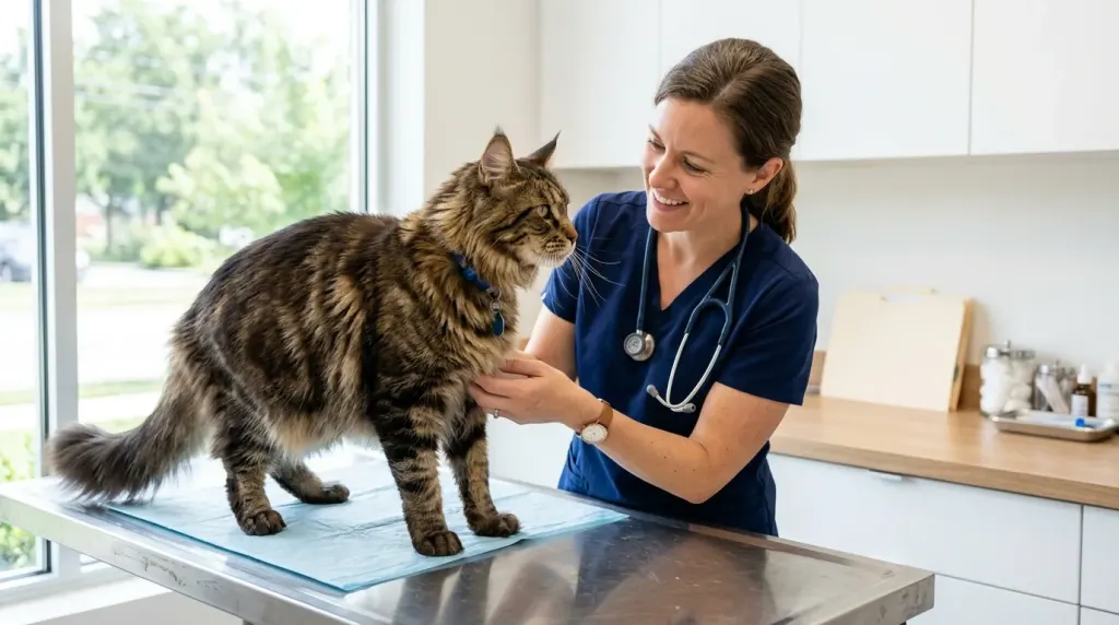 Veterinarian performing a routine physical health assessment on a purebred Maine Coon queen
