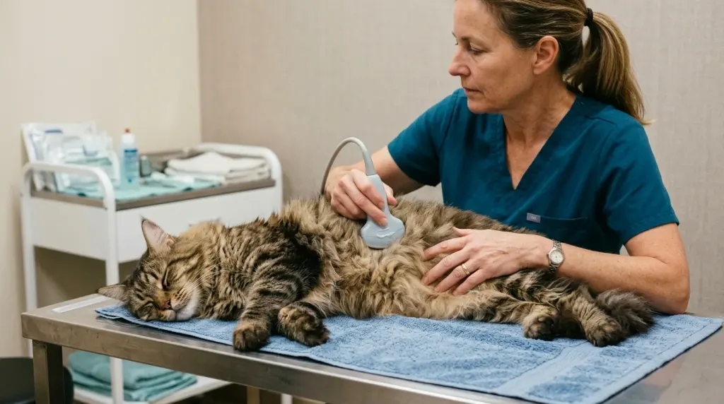 Veterinarian performing an abdominal examination on a pregnant Maine Coon cat to assess fetal development