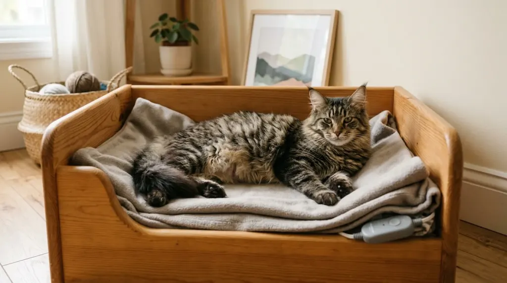 Prepared whelping and queening box with warm blankets for a pregnant Maine Coon cat
