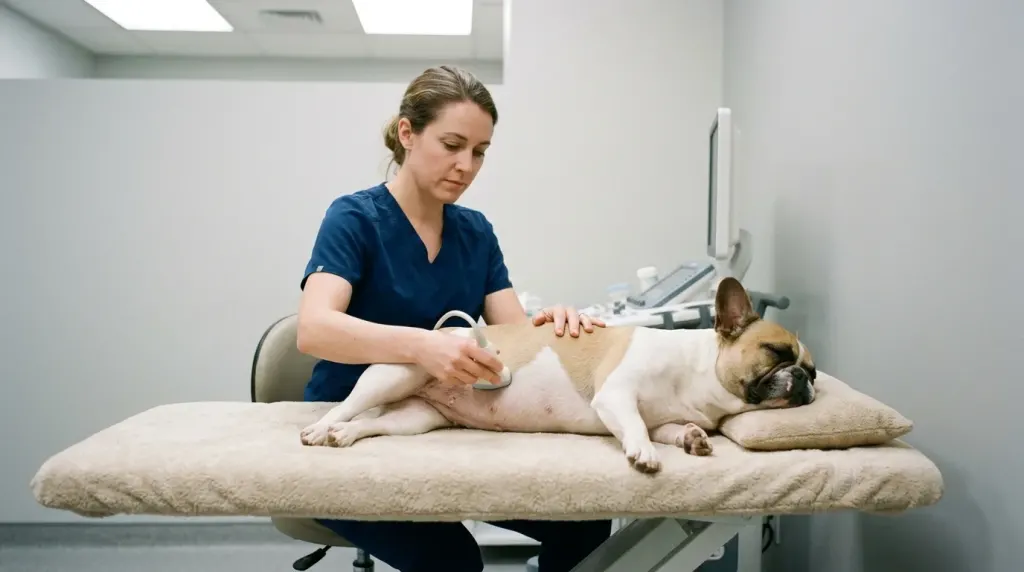 A veterinarian conducting a reproductive health ultrasound exam on a French Bulldog to check litter size.