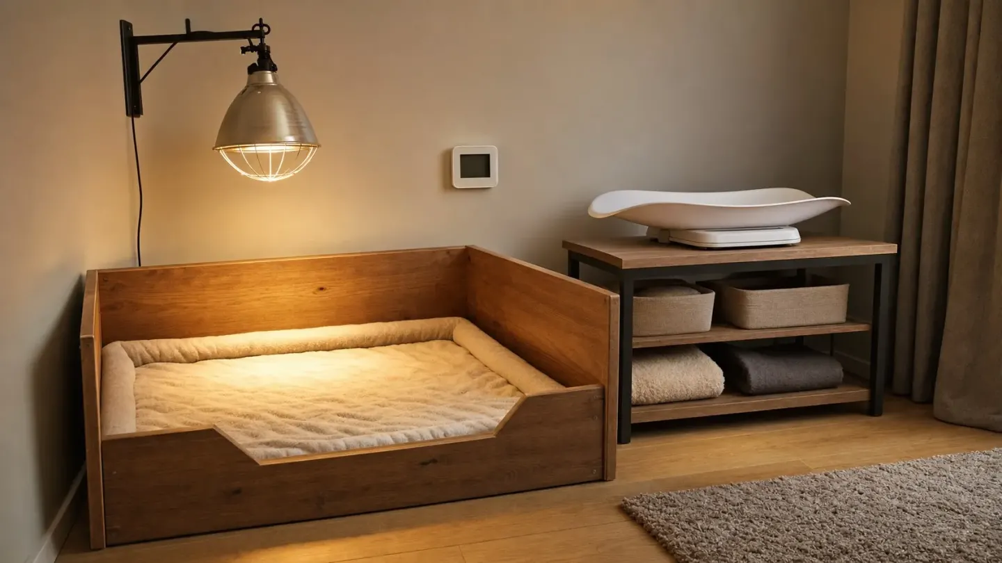 Whelping box setup with heating lamp and scale for caring for a newborn French Bulldog puppy litter.