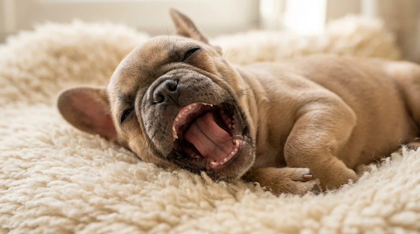 Close-up of an eight-week-old French Bulldog puppy showing tiny baby teeth