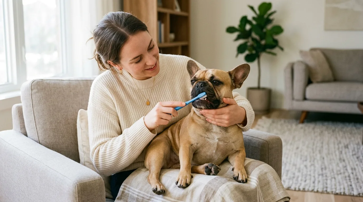 Owner brushing an adult French Bulldog's teeth with a soft toothbrush
