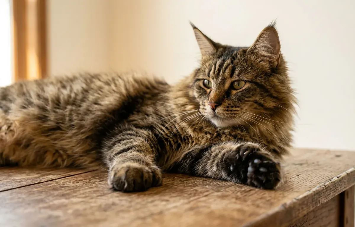 Close-up of a brown tabby polydactyl Maine Coon cat showing wide front paws with extra toes resting on a wooden table