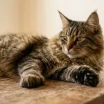Close-up of a brown tabby polydactyl Maine Coon cat showing wide front paws with extra toes resting on a wooden table